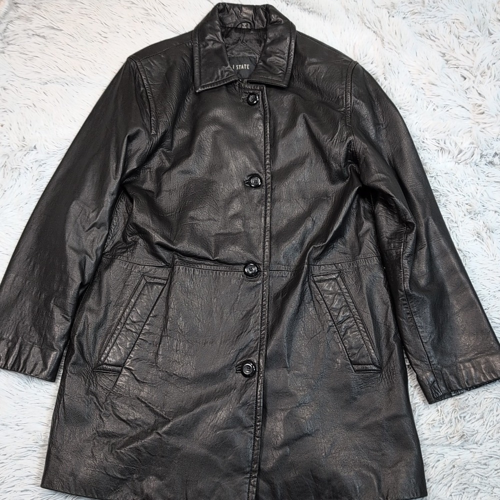 111 State Jacket Womens S Black‎ Leather Coat Button Up Pockets Preppy Softshell